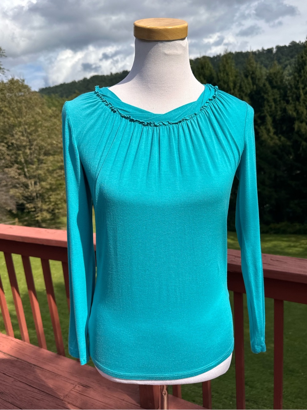 Kobi Halperin Turquoise Long-Sleeve Gathered Ruffle Neck Top